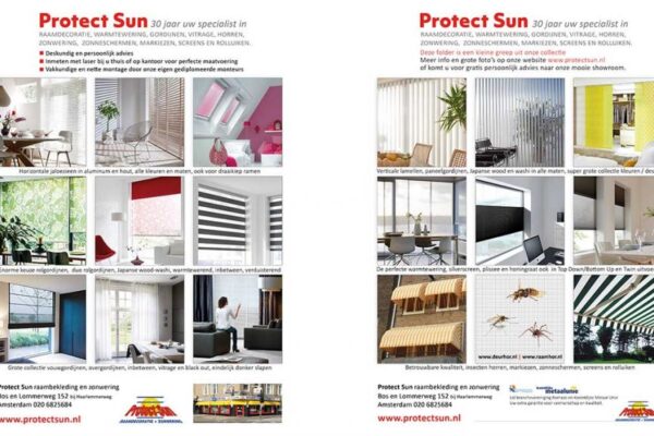 Een dubbelzijdige full color flyer voor Protectsun zonwering en raambekleding.